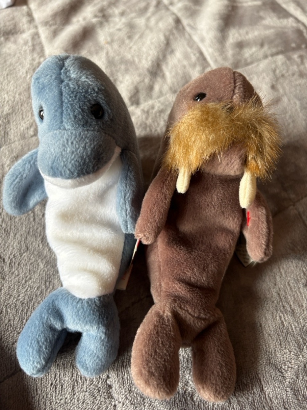 2 Ty Plush Dolphin (Blue & White) and Walrus (Brown & Tan) Set